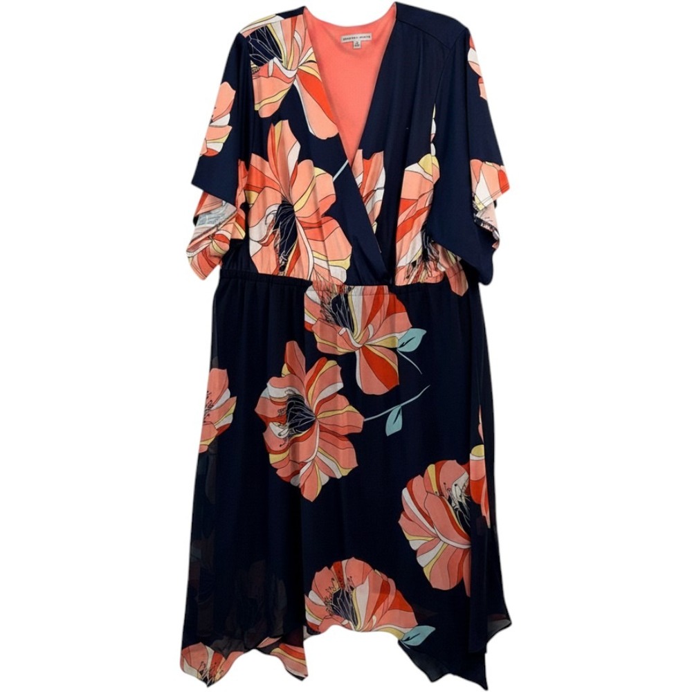 Sandra Darren Floral Faux Wrap Dress 24W Navy Coral Excellent‎